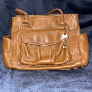 VTG Fossil 100% Genuine Leather Double Strap Tan Brown Satchel 75082